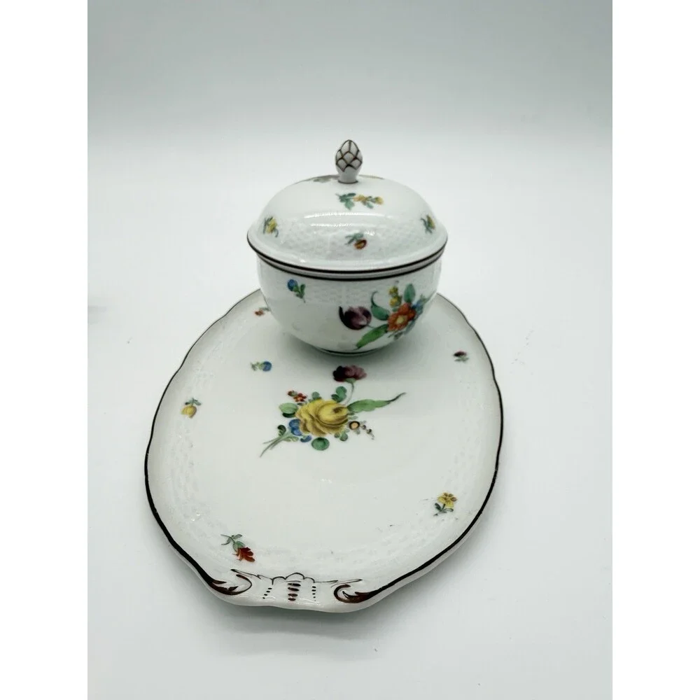 Antique Nymphenburg Porcelain Floral Sugar Bowl & Tray Basket Weave Set 2 PCs